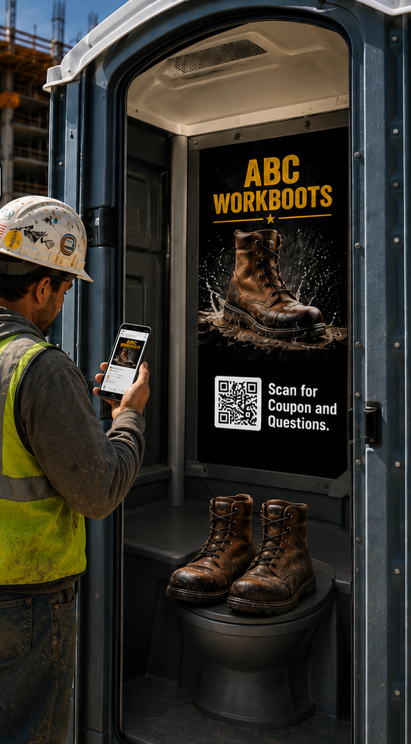 Worker scanning a BitBoard ad with QR code inside a portable restroom on a jobsite